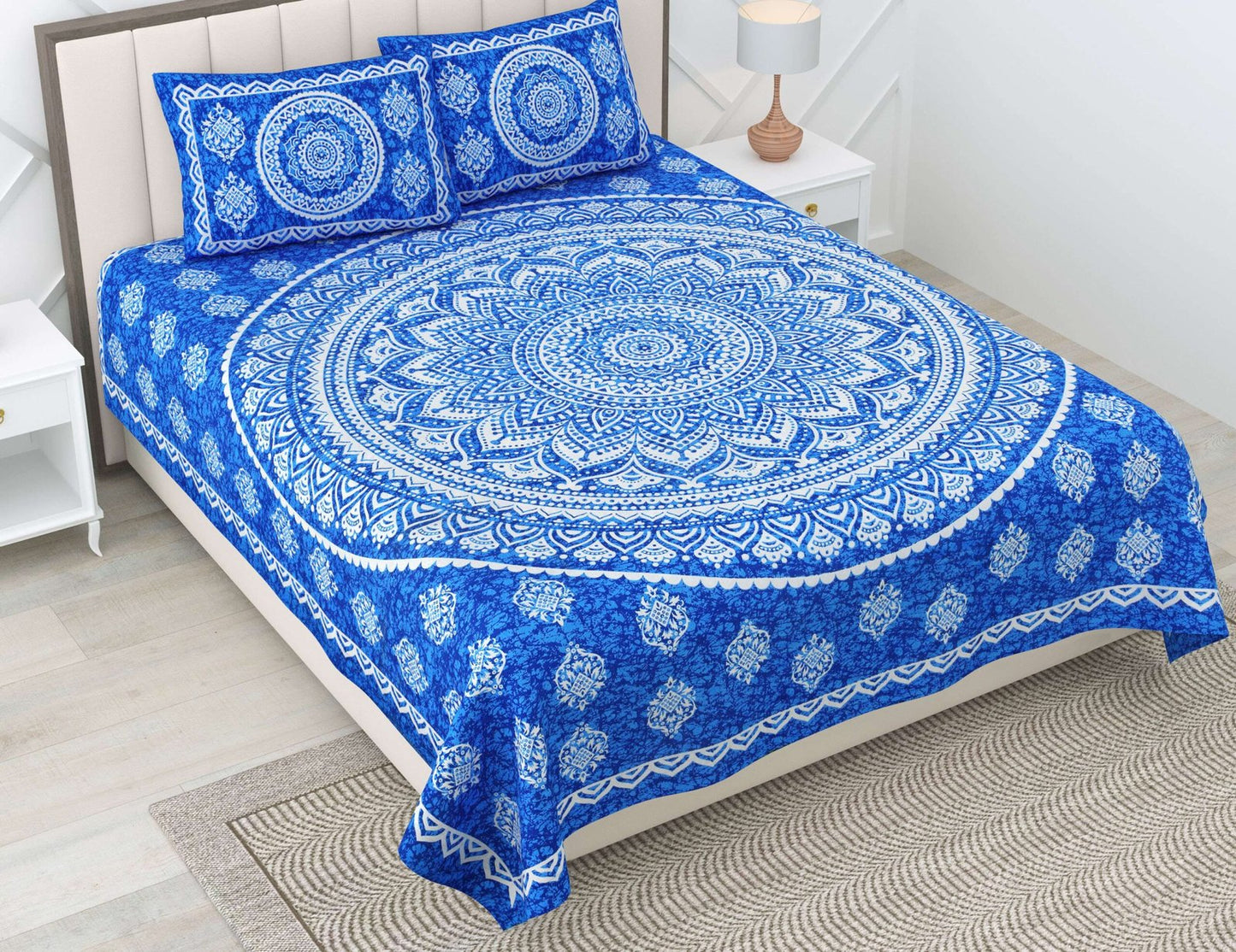 100% Pure Cotton Traditional Printed Bedsheet for Double Bed King Size Bedsheet with 2 Pillow Covers