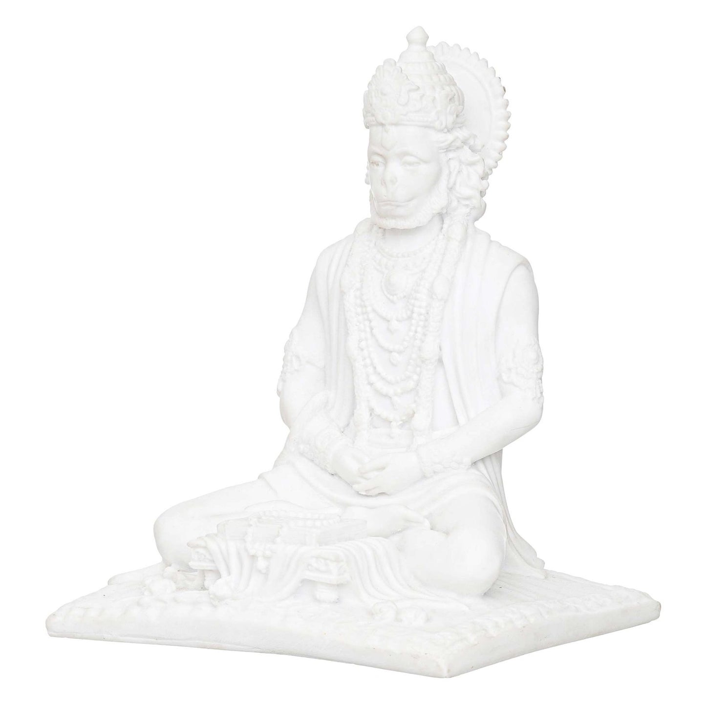 White Marble Lord Hanuman Sitting Statue with gada & Reading Book Decorative Showpiece
