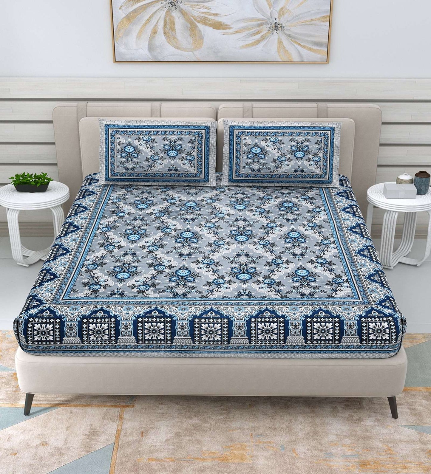 100% Pure Cotton Traditional Printed Bedsheet for Double Bed King Size Bedsheet with 2 Pillow Covers