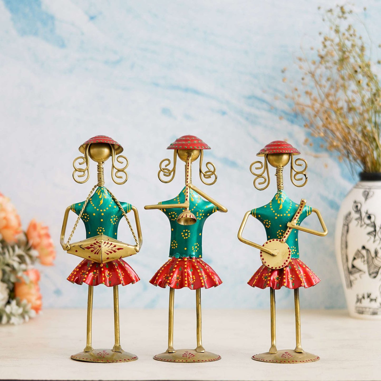 Set of 3 Antique Metal Decorative Tribal Musician Dolls Playing Musical Instrument Handicraft Item for Diwali Gifts | Home & office Decoration