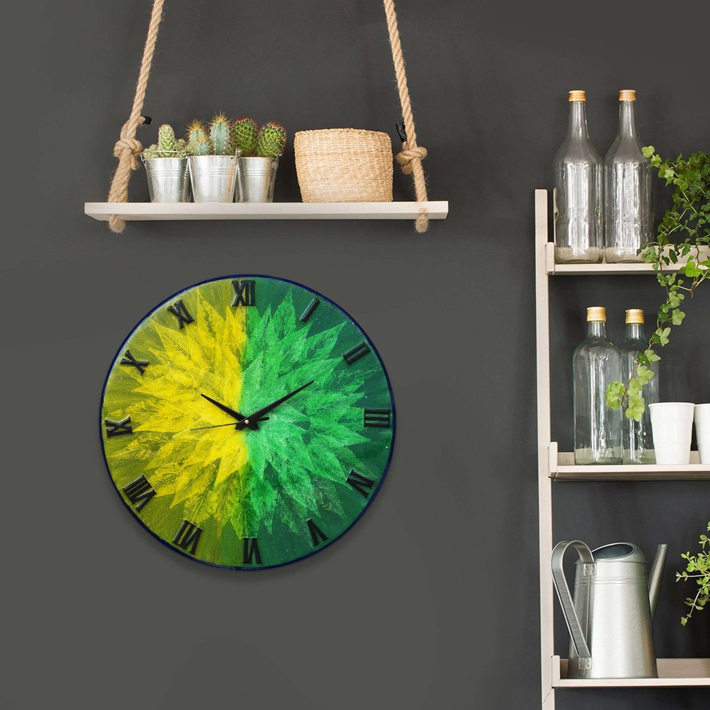 Exquisite Wooden Handmade Wall Clock Green With Yellow And Goldan Printed Acrylic Wall Clock for Home & Office Decorative Big Size Clock (16 Inch)