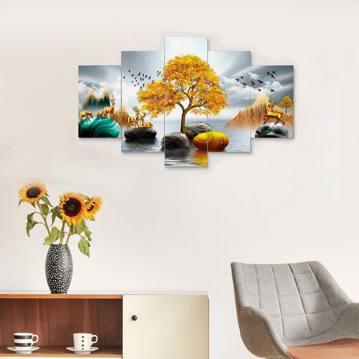 Nature Set of Five 3D Framed Paintings for Wall Decoration – Ideal for Home, Living Room, and Bedroom (125 x 60 CM)