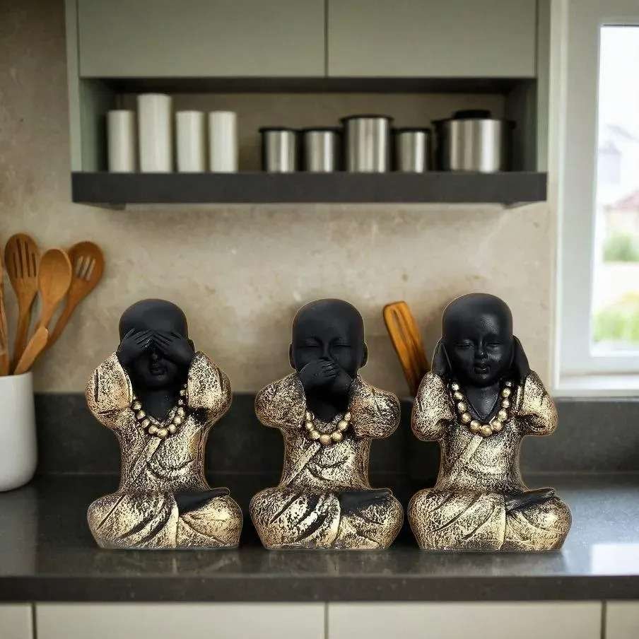 Set of 3 Baby BUddha Monk Decorative Showpiece – (Polyresin, Gold, Black)