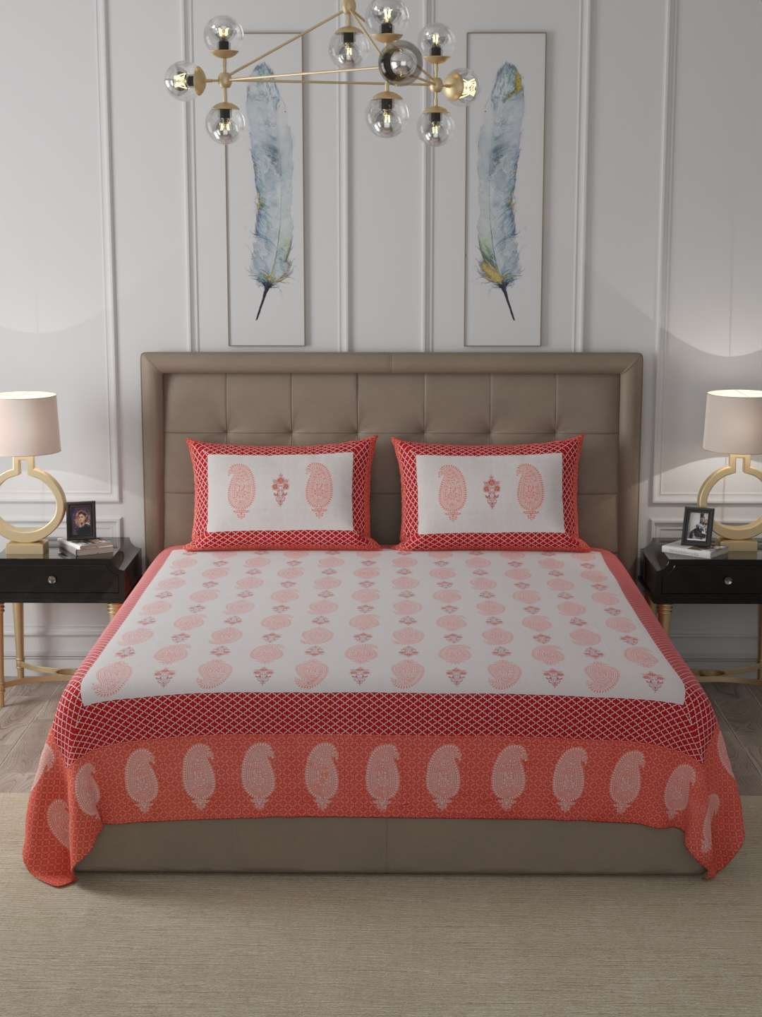 100% Pure Cotton Traditional Printed Bedsheet for Double Bed King Size Bedsheet with 2 Pillow Covers