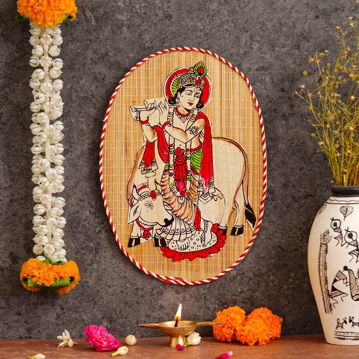 Oval Shaped Design Bamboo Hand Crafted Wall Hangings Of Krishna Ji With Holy Cow For Home D?cor | Bamboo Art For Wall Decor