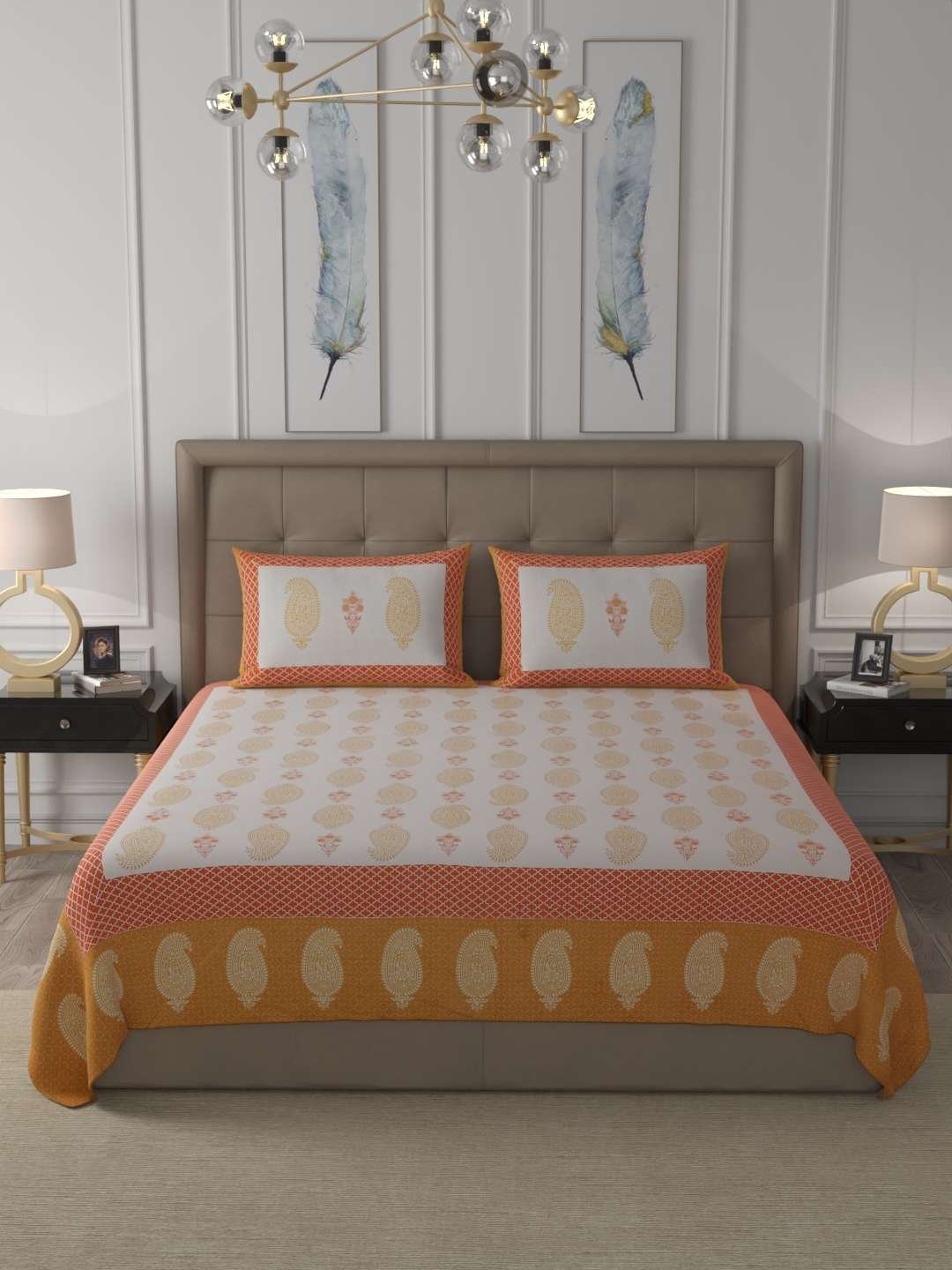 100% Pure Cotton Traditional Printed Bedsheet for Double Bed King Size Bedsheet with 2 Pillow Covers