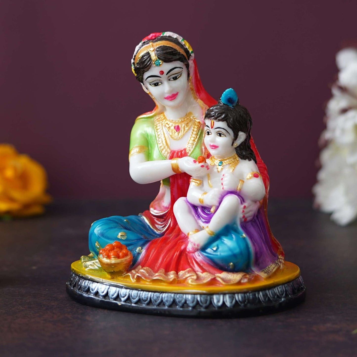 Hand-Painted Marble Yashoda and Krishna Statue (9 inches)