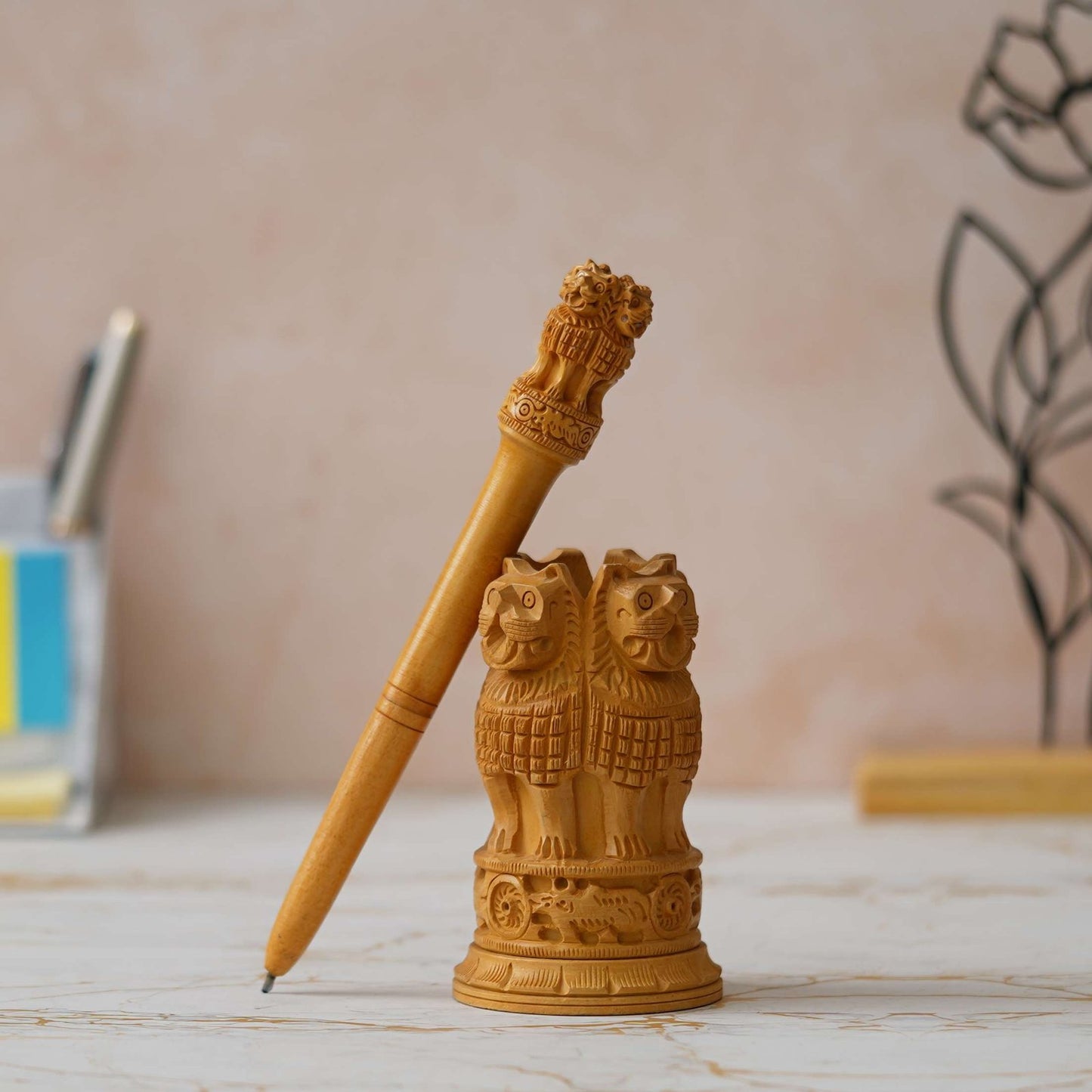 Handcrafted Wooden Ashoka Pillar Replica: Symbol of Indian Heritage