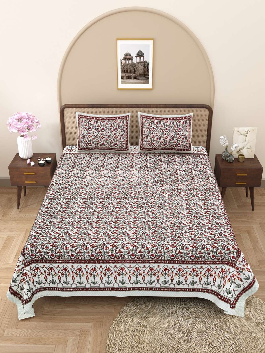 100% Pure Cotton Traditional Printed Bedsheet for Double Bed King Size Bedsheet with 2 Pillow Covers