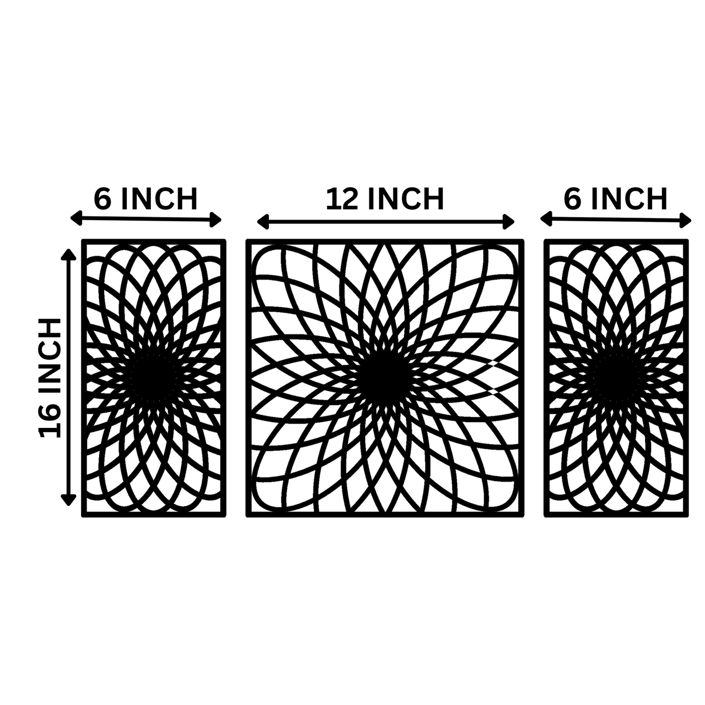 Black Geometric Lotus Wall Panels Set of 3 Contemporary Mandala-Inspired Art Frames