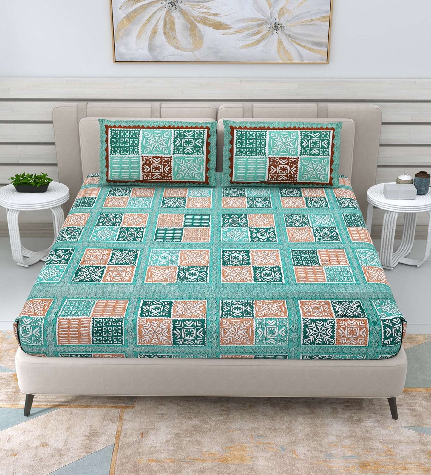 100% Pure Cotton Traditional Printed Bedsheet for Double Bed King Size Bedsheet with 2 Pillow Covers