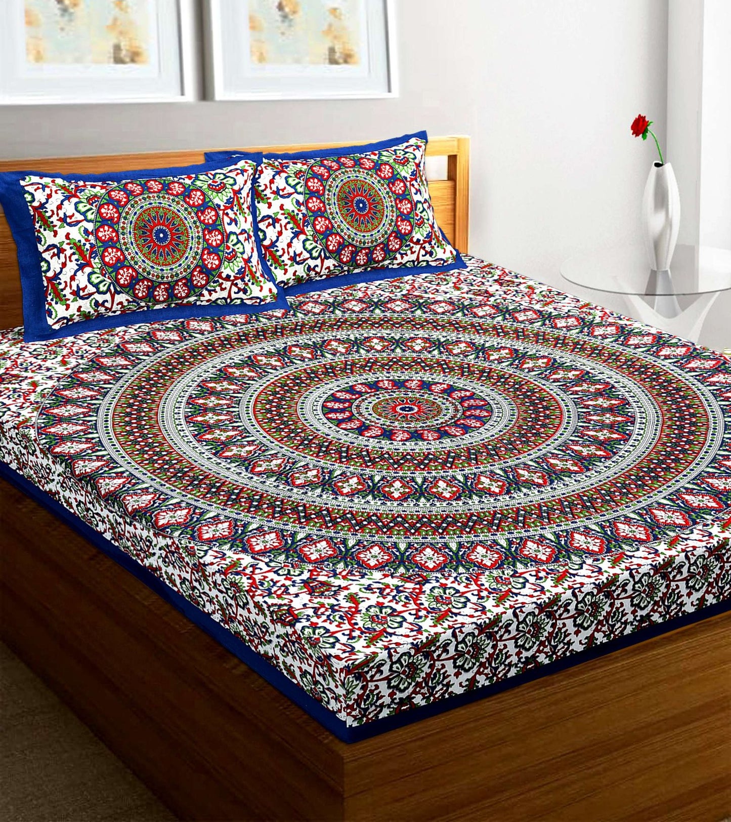 100% Pure Cotton Traditional Printed Bedsheet for Double Bed King Size Bedsheet with 2 Pillow Covers