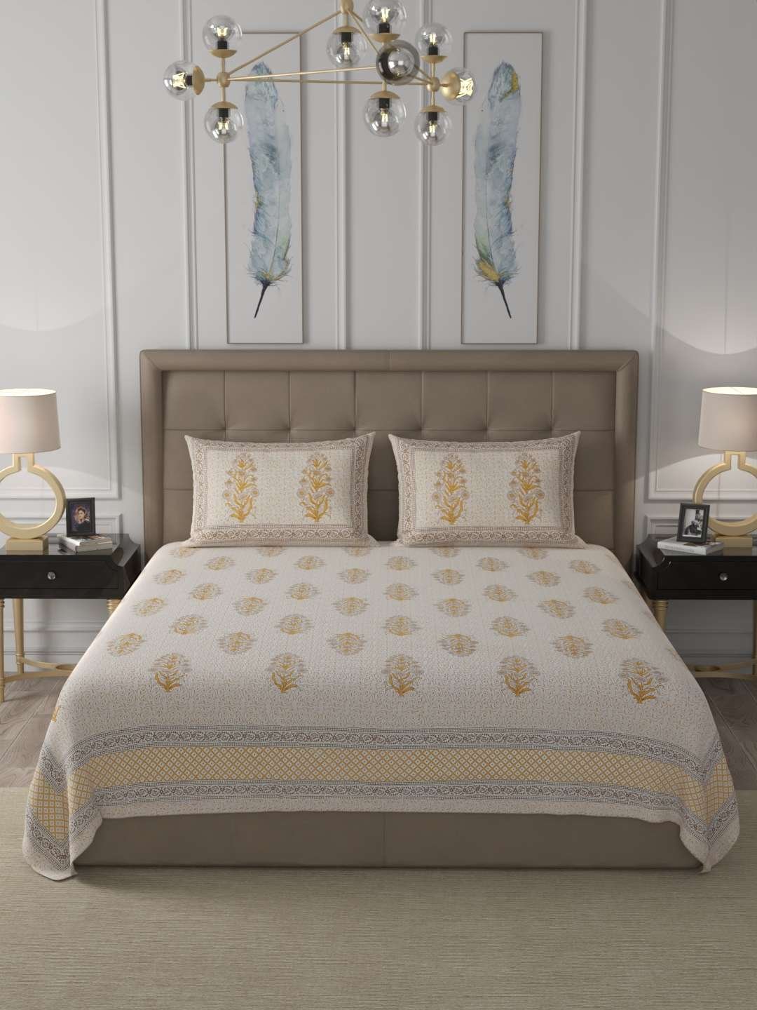 100% Pure Cotton Traditional Printed Bedsheet for Double Bed King Size Bedsheet with 2 Pillow Covers