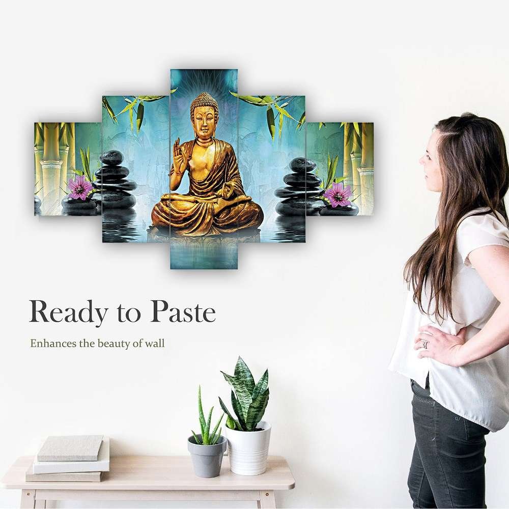 Buddha Set of Five 3D Framed Paintings for Wall Decoration – Ideal for Home, Living Room, and Bedroom (75 x 43 CM)
