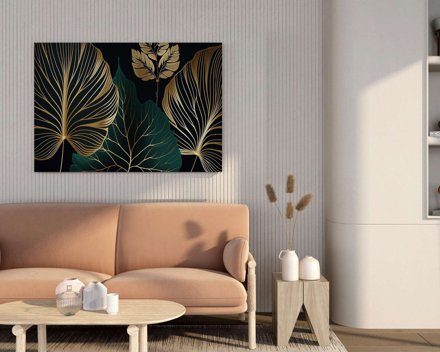 Luxury Green & Gold Leaf Canvas Painting Modern Wall Décor for Living Room & Bedroom