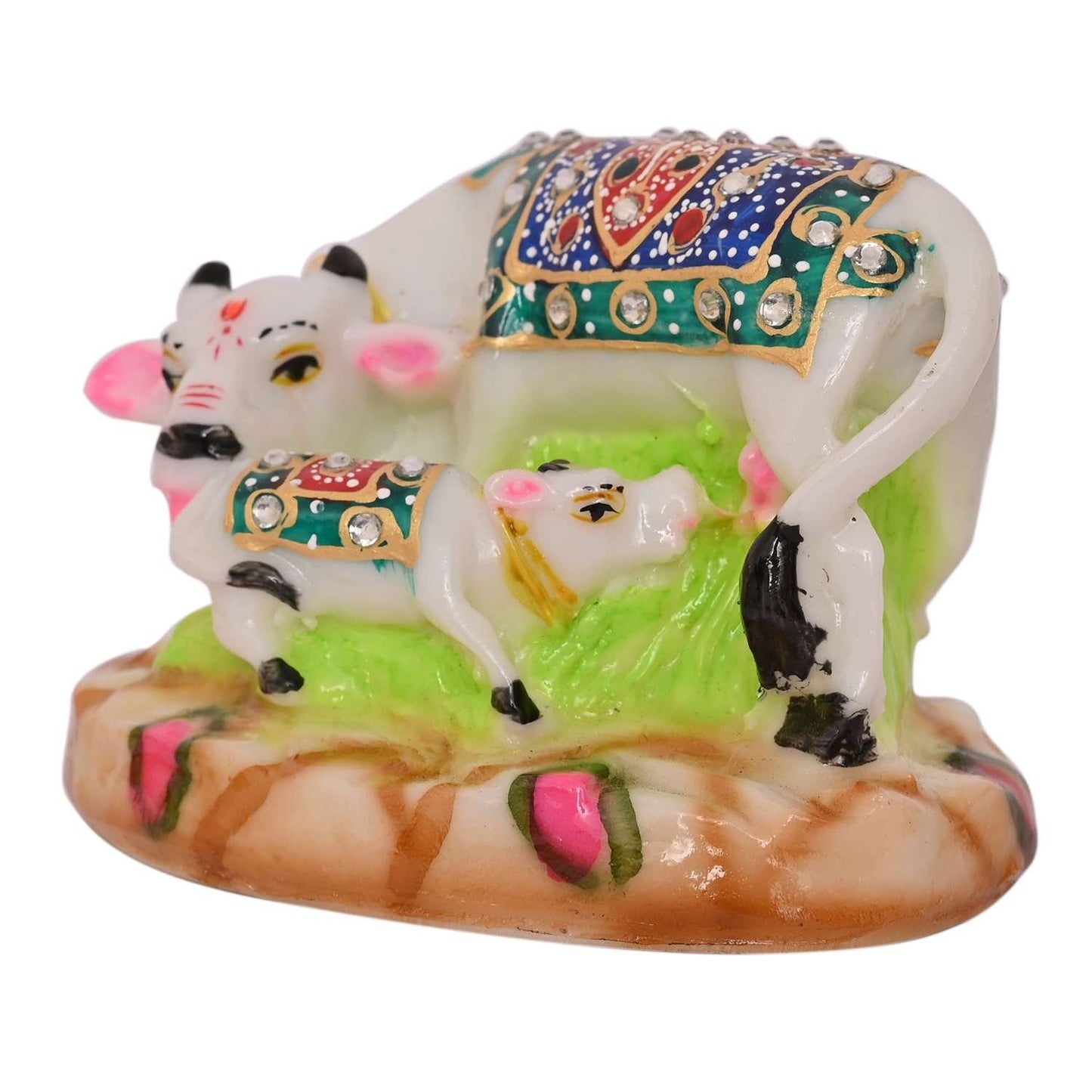 White Marble Kamdhenu Cow and Calf Statue (8.5 cm x 12 cm)