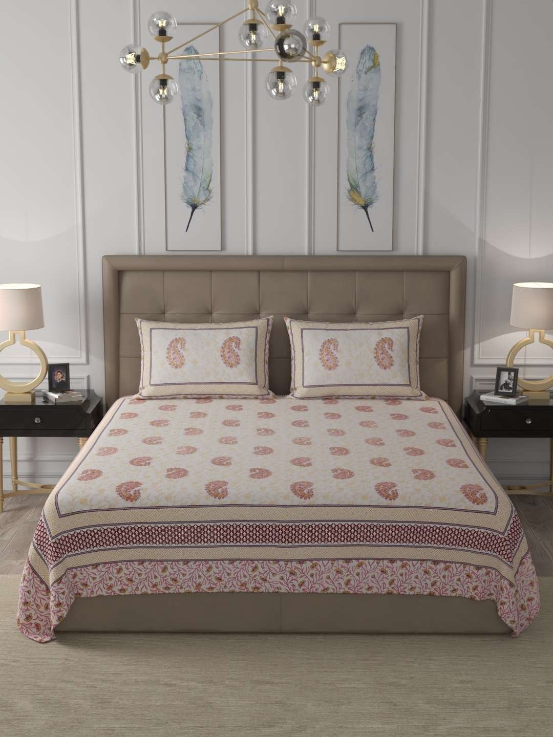 100% Pure Cotton Traditional Printed Bedsheet for Double Bed King Size Bedsheet with 2 Pillow Covers