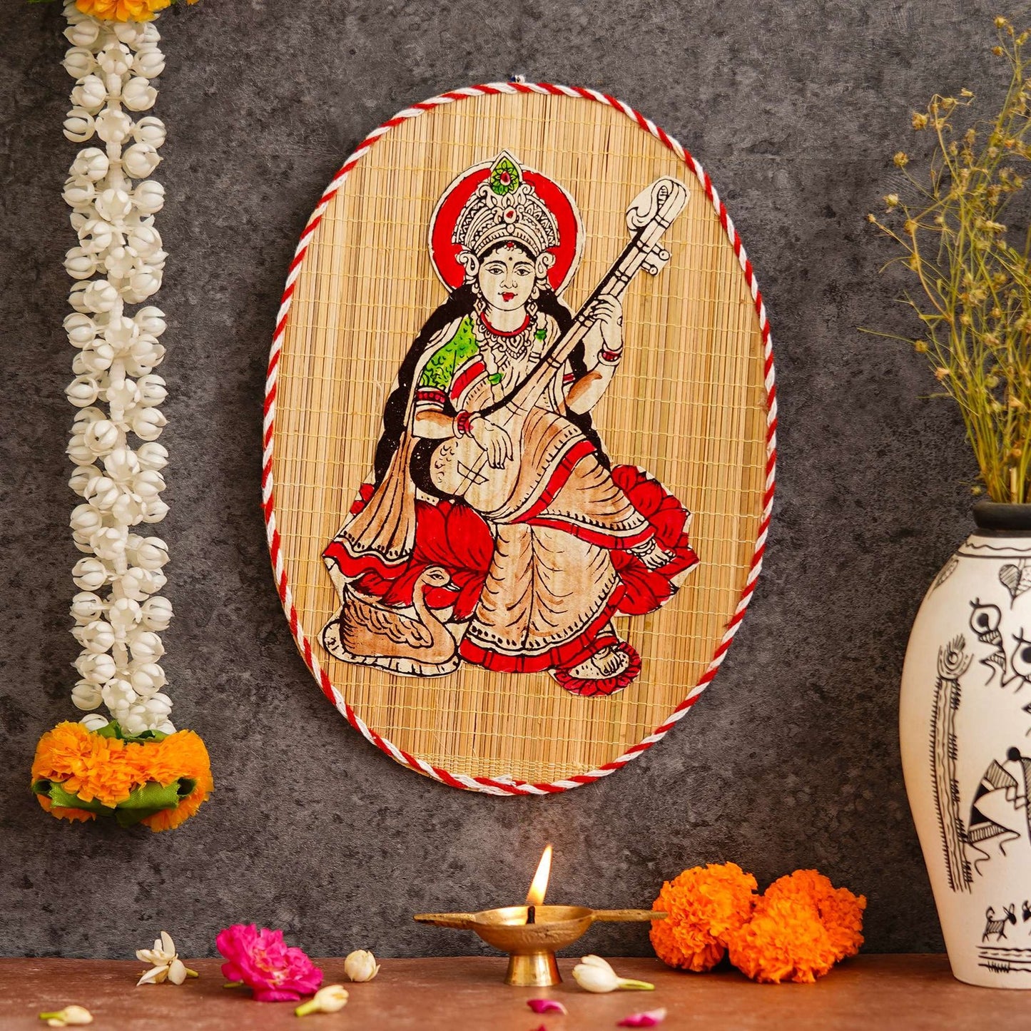 Oval Shaped Design Bamboo Hand Crafted Wall Hangings Of Godess Sarwasti Ji For Home D’cor