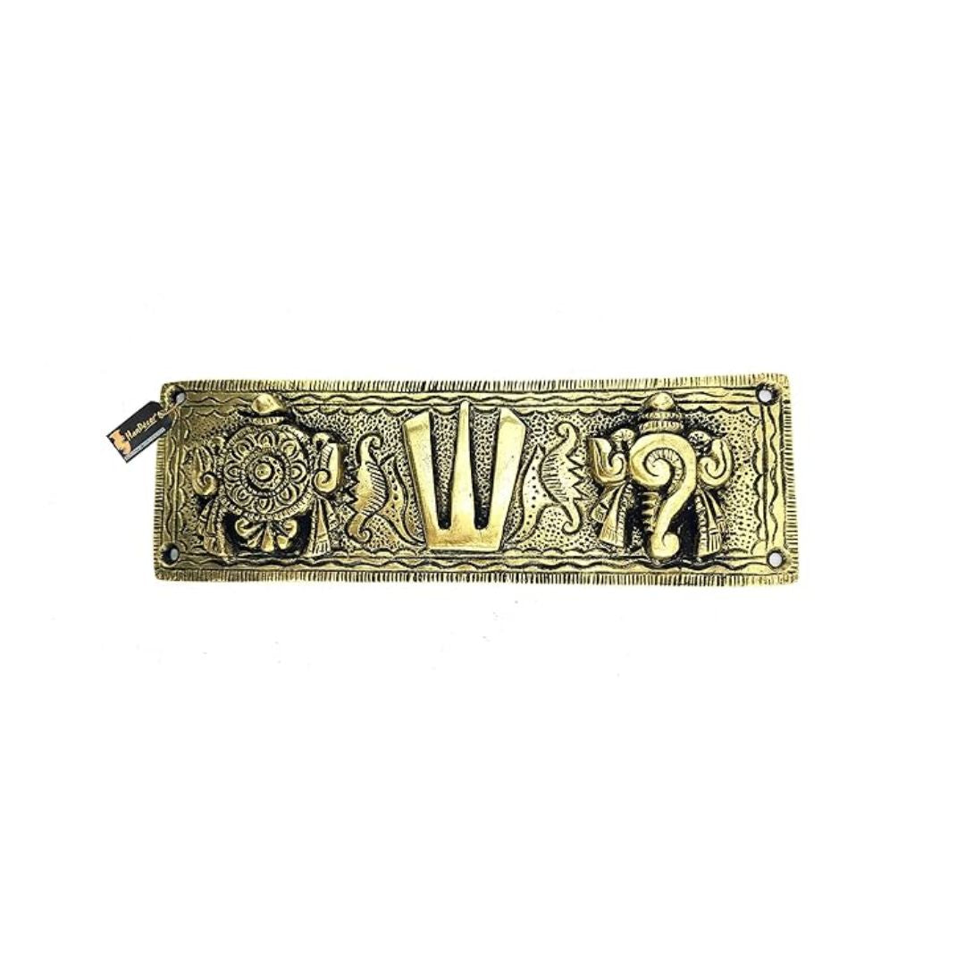 Two Moustaches Brass Shankh Chakra Namah Wall Hanging Antique White
