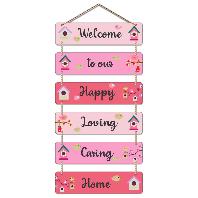 Welcome to Our Happy Loving Caring Home Pink Wooden Hanging Sign for Entryway & Living Room