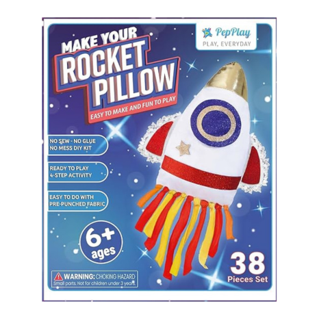PepPlay Rocket Diy Pillow Kit 38-Piece Space Theme Activity Kit No Mess No Sewing Soft Cushion Toy