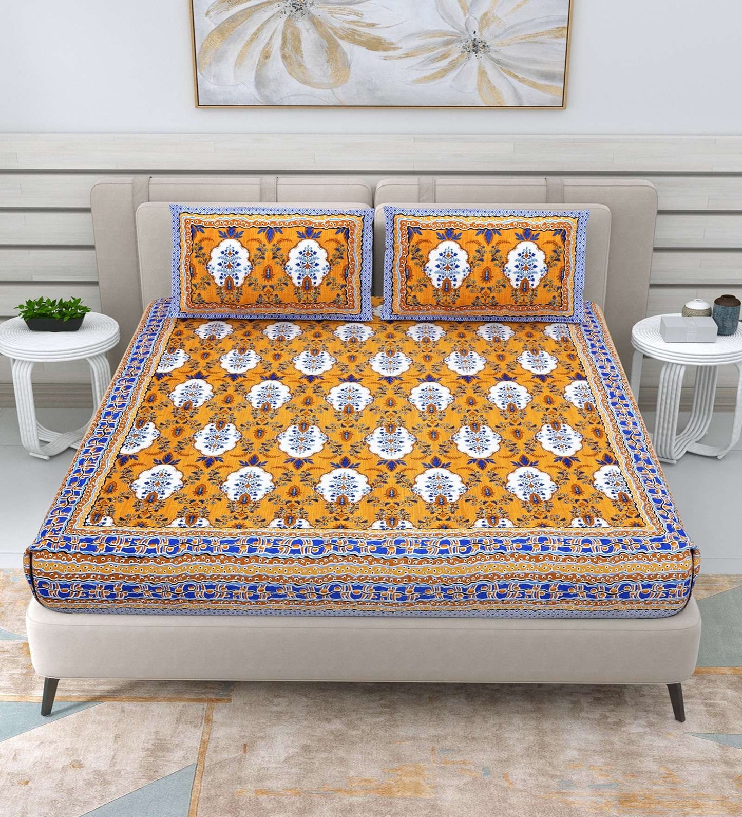 100% Pure Cotton Traditional Printed Bedsheet for Double Bed King Size Bedsheet with 2 Pillow Covers
