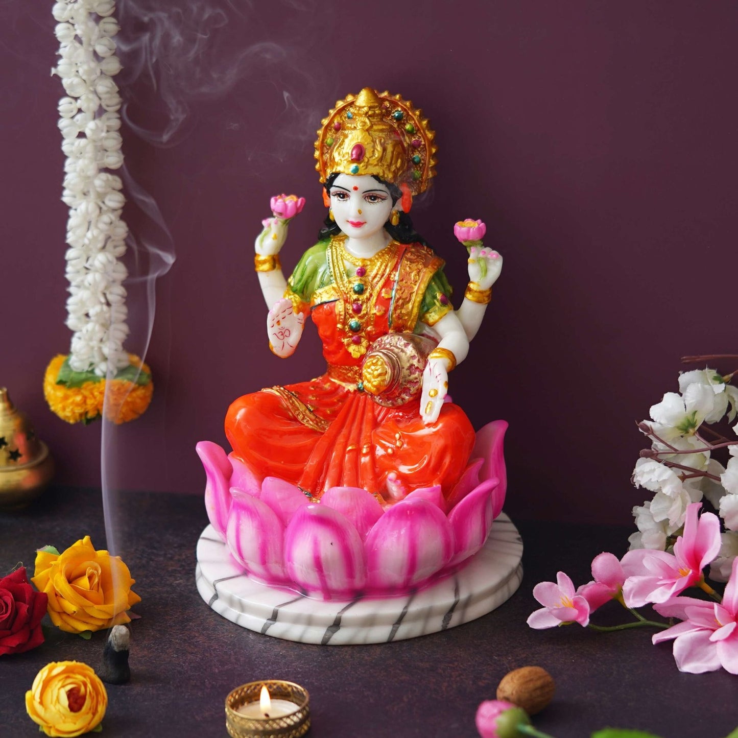Hindu Goddess Lakshmi Statue Sitting on Lotus Flower (10.5 Inch)