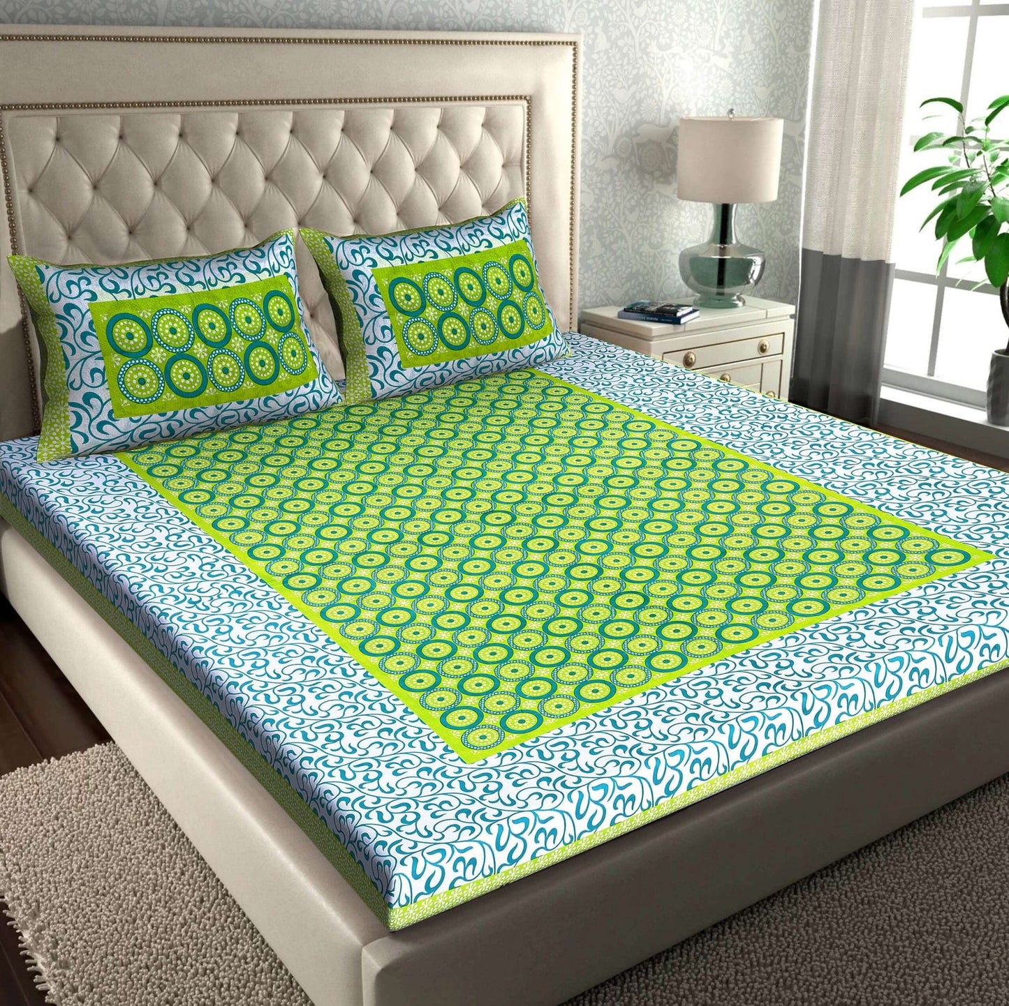 100% Pure Cotton Traditional Printed Bedsheet for Double Bed King Size Bedsheet with 2 Pillow Covers