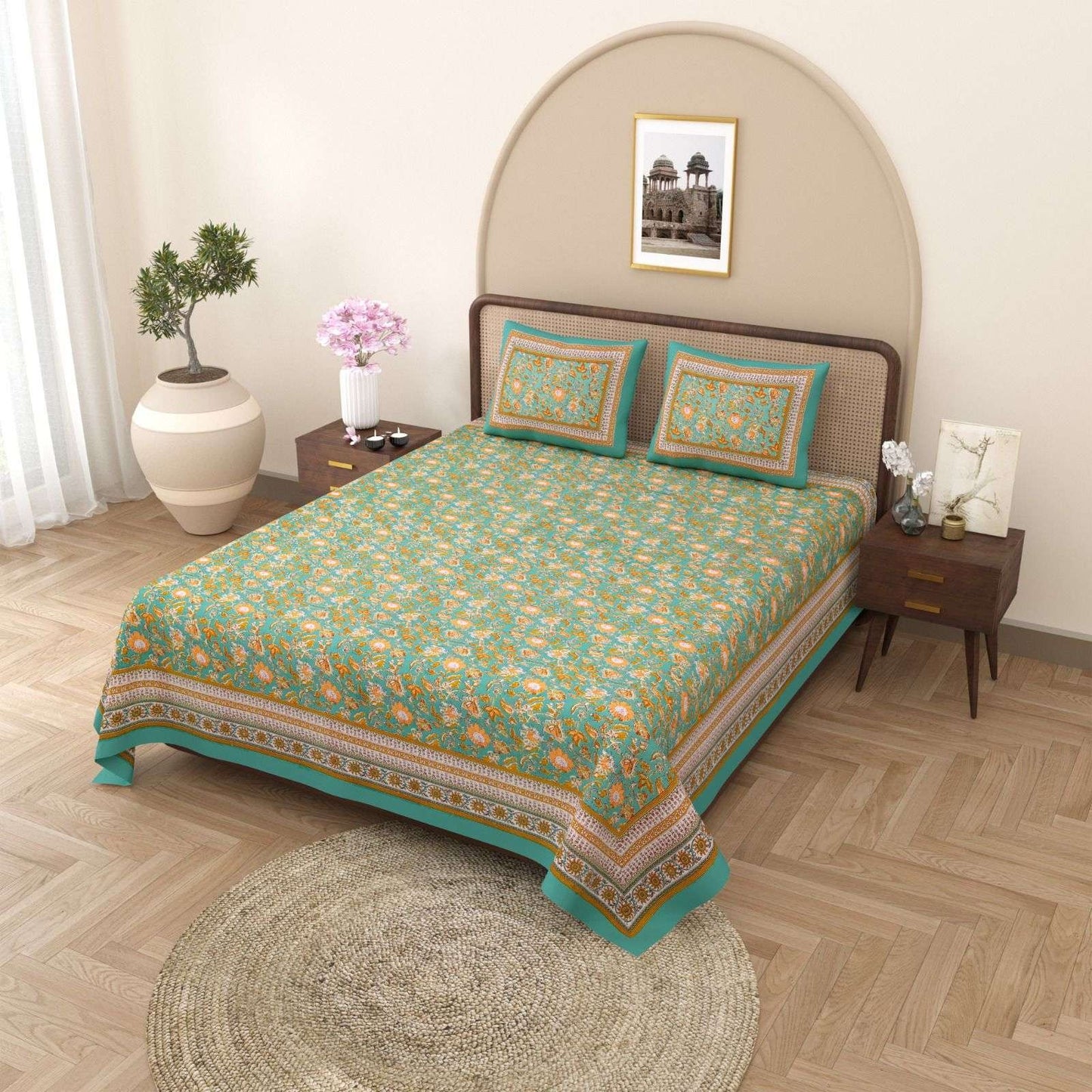 100% Pure Cotton Traditional Printed Bedsheet for Double Bed King Size Bedsheet with 2 Pillow Covers