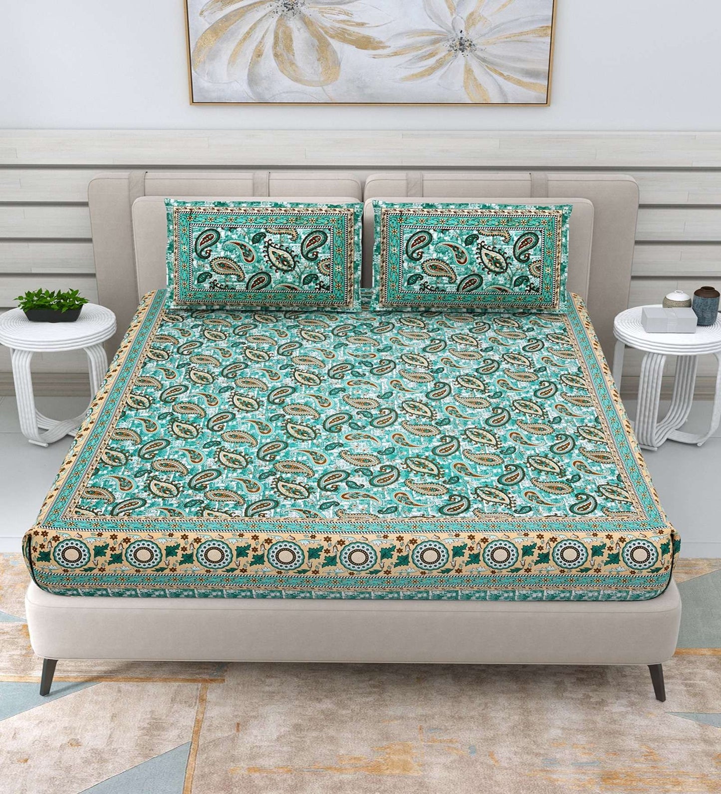 100% Pure Cotton Traditional Printed Bedsheet for Double Bed King Size Bedsheet with 2 Pillow Covers