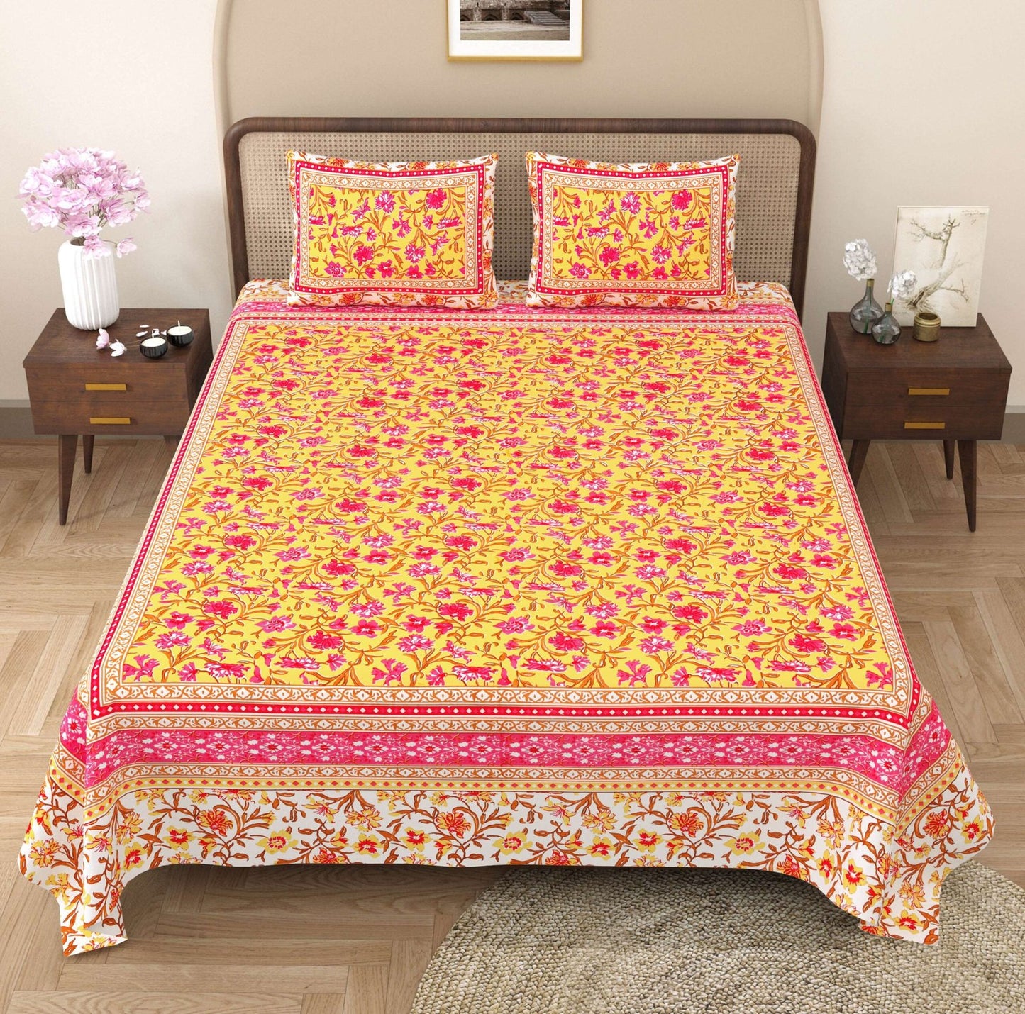 100% Pure Cotton Traditional Printed Bedsheet for Double Bed King Size Bedsheet with 2 Pillow Covers