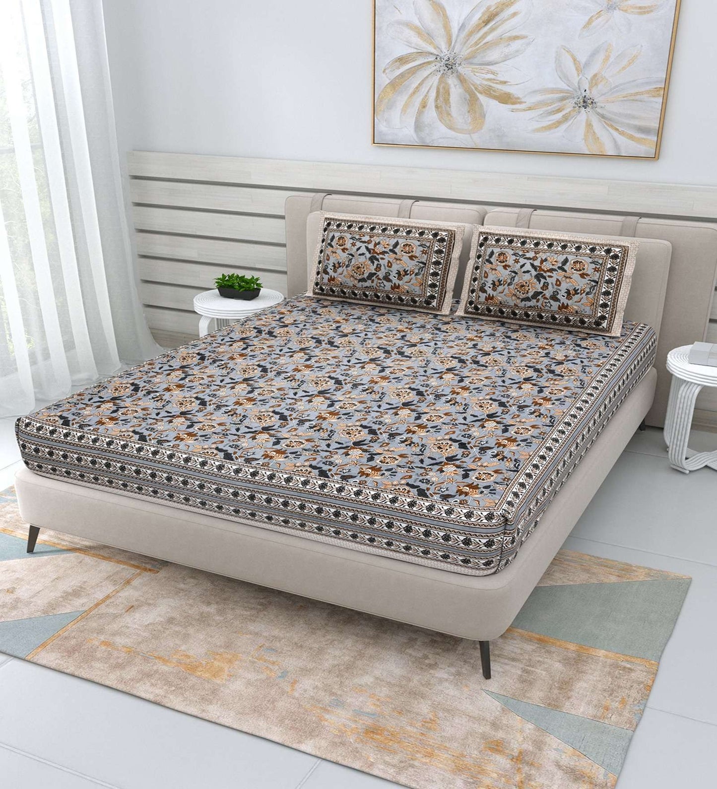 100% Pure Cotton Traditional Printed Bedsheet for Double Bed King Size Bedsheet with 2 Pillow Covers