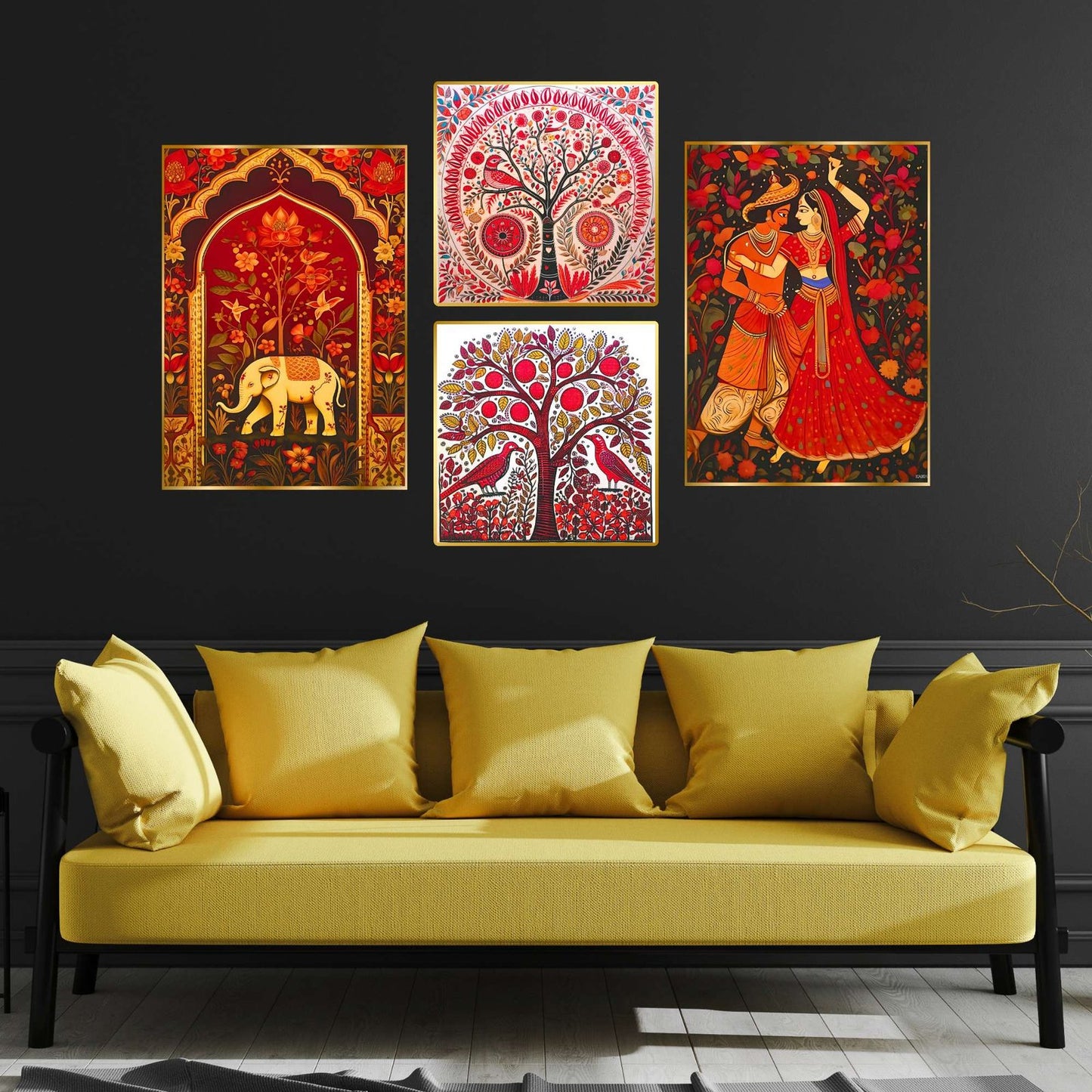Set of Four Wall Paintings for Wall Dacoration Golden Framed Wall Paintings for Living Room & Bedroom Wall Art for Home Decoration & Office Wall Décor (13×10 inch CH-GD4-3)