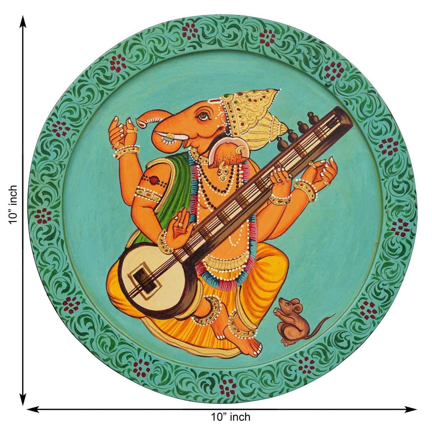 This beautiful pichwai painting features a majestic ganesh ji perched on a vibrant flowering branch.