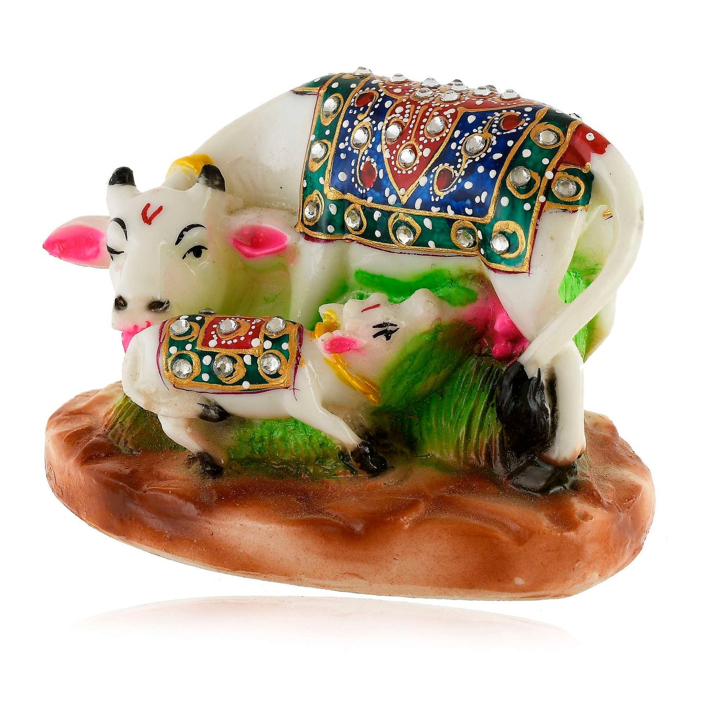 White Marble Kamdhenu Cow and Calf Statue (8.5 cm x 12 cm)