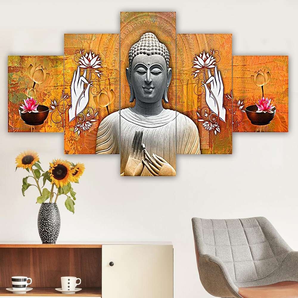 Buddha Set of Five 3D Framed Paintings for Wall Decoration – Ideal for Home, Living Room, and Bedroom (125 x 60 CM)