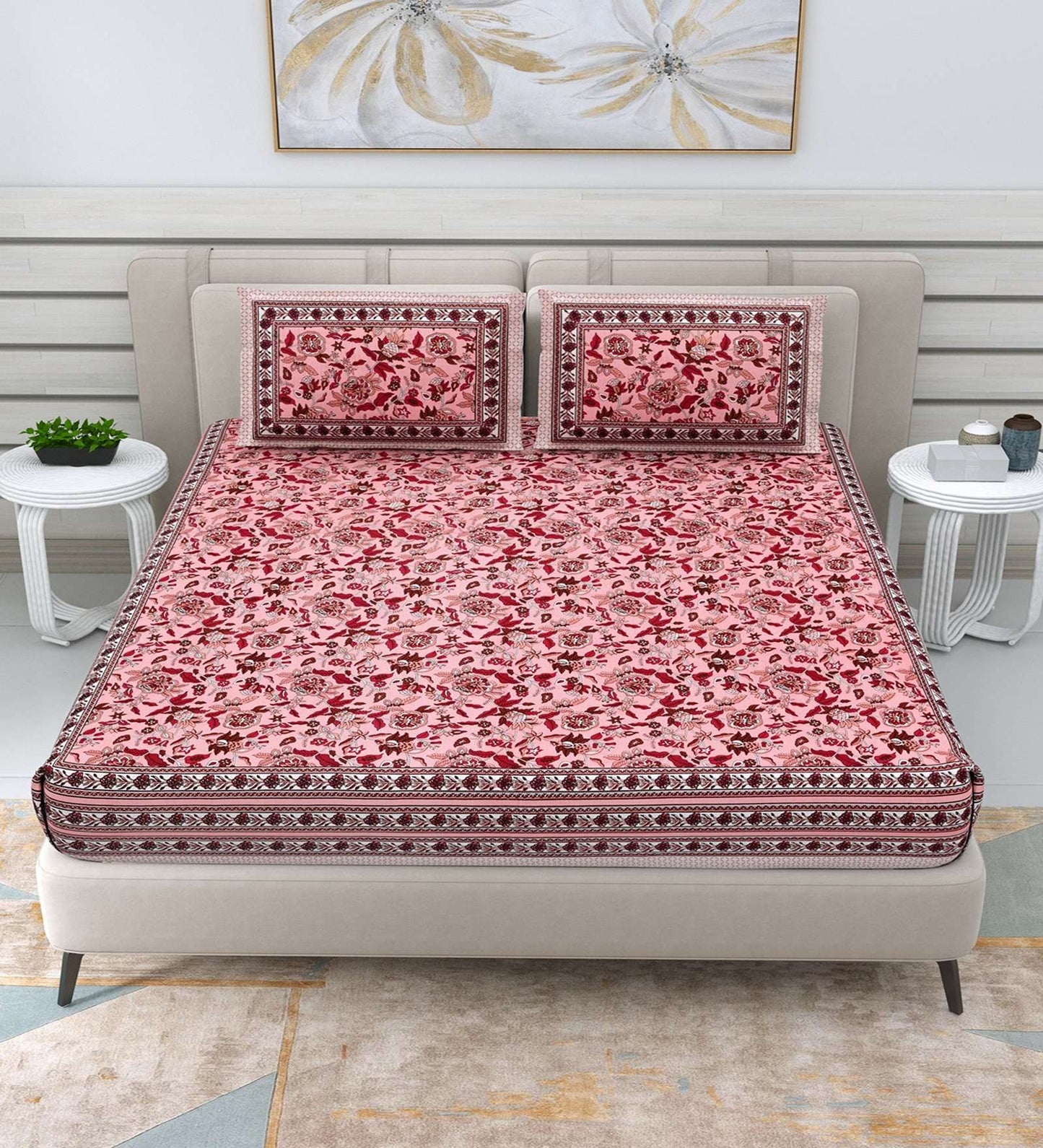 100% Pure Cotton Traditional Printed Bedsheet for Double Bed King Size Bedsheet with 2 Pillow Covers