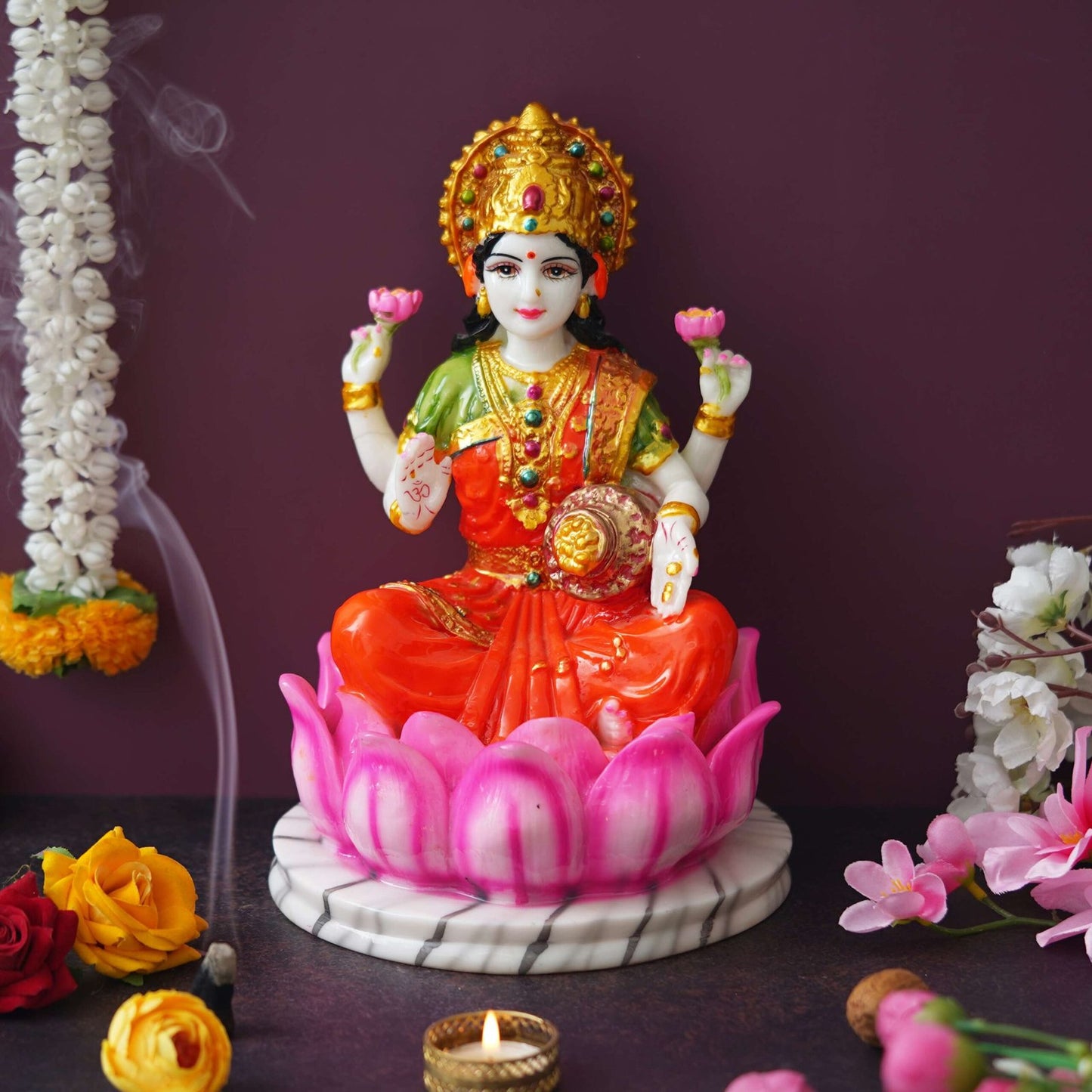 Hindu Goddess Lakshmi Statue Sitting on Lotus Flower (10.5 Inch)