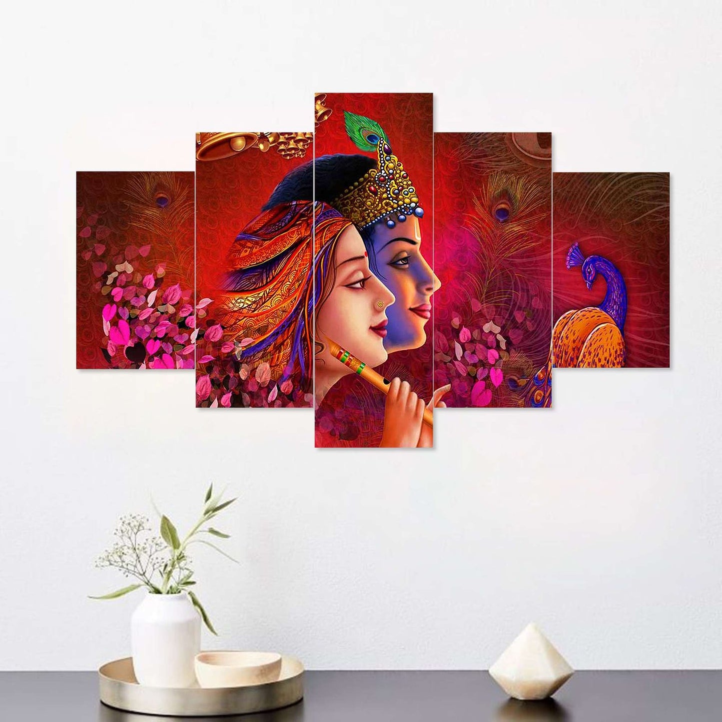 Radhe Krishna Set of Five 3D Framed Paintings for Wall Decoration – Ideal for Home, Living Room, and Bedroom (75 x 43 CM)