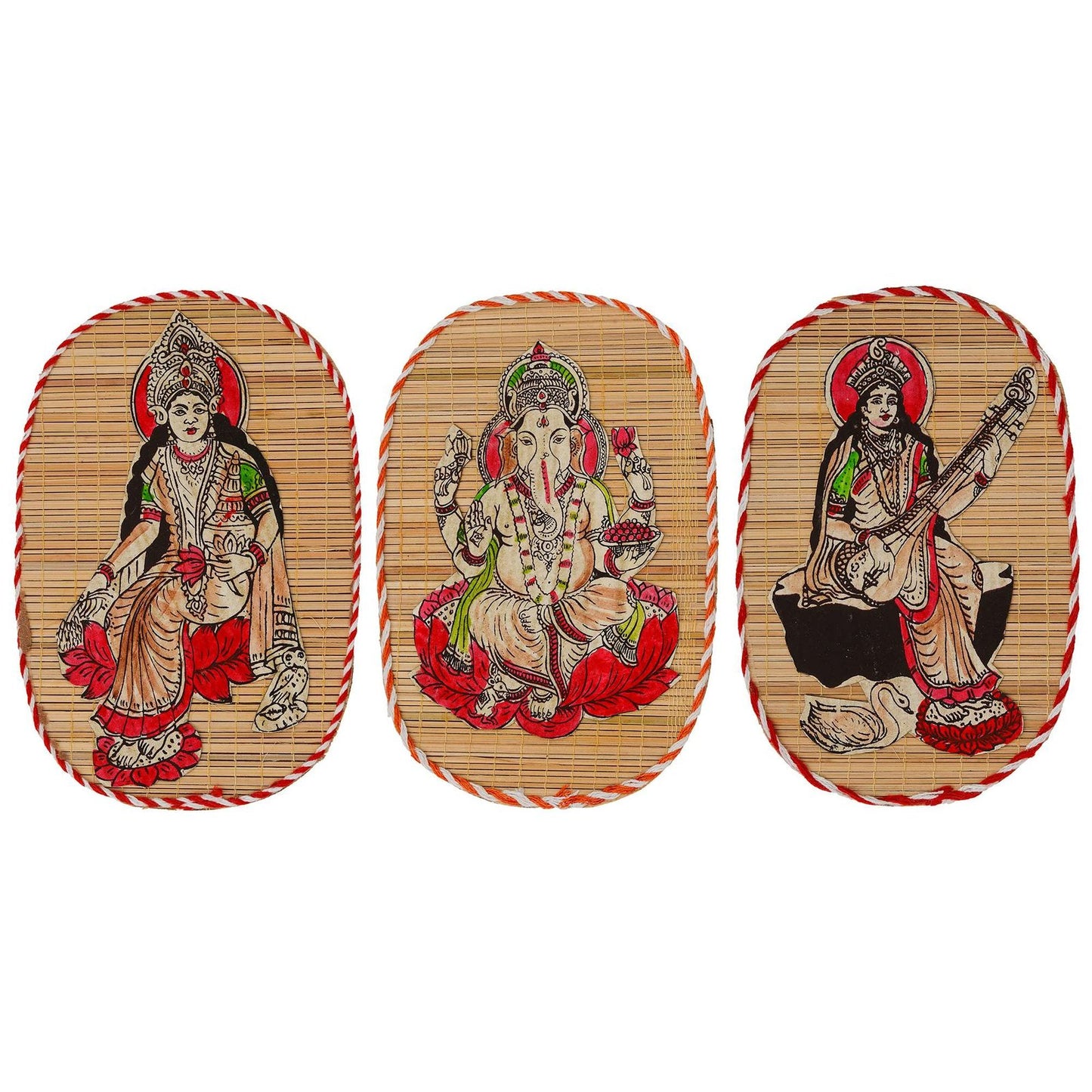 Bamboo Hand Crafted Wall Hangings Of The Trio Of Ganesh Ji, Laxmi Ji And Sarwasti Ji Painting For Home D?cor
