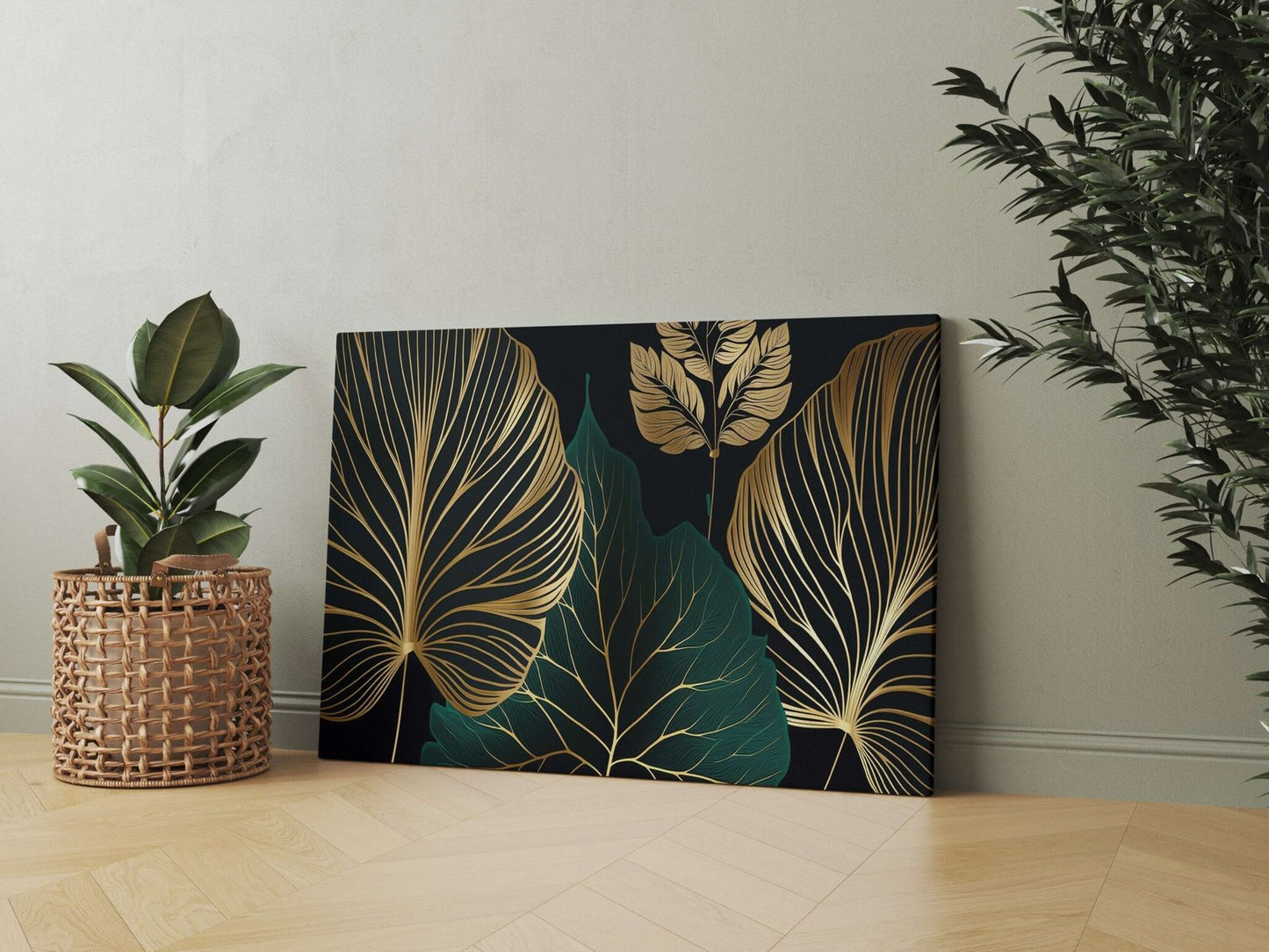 Luxury Green & Gold Leaf Canvas Painting Modern Wall Décor for Living Room & Bedroom
