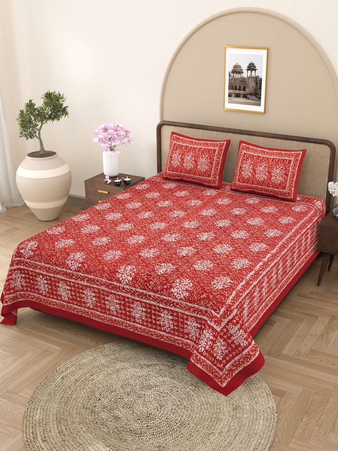100% Pure Cotton Traditional Printed Bedsheet for Double Bed King Size Bedsheet with 2 Pillow Covers