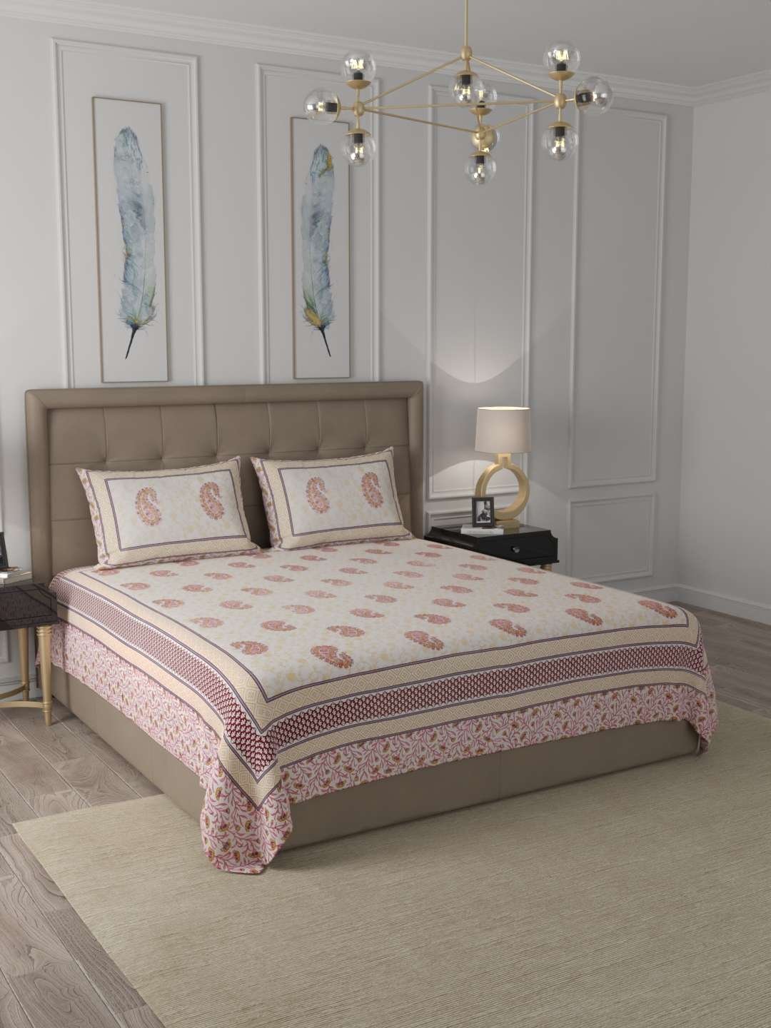 100% Pure Cotton Traditional Printed Bedsheet for Double Bed King Size Bedsheet with 2 Pillow Covers