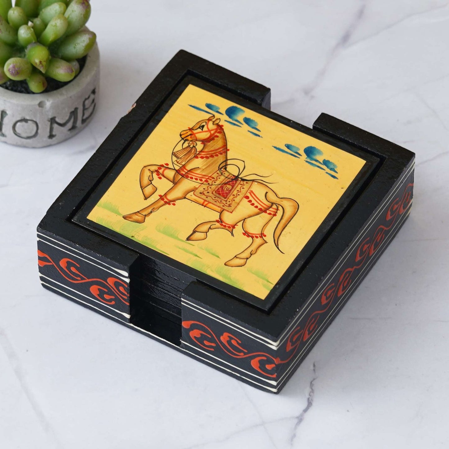 Handcrafted Wooden Horse Hand-Painted Tea Coaster Set: Artistic Table Protection