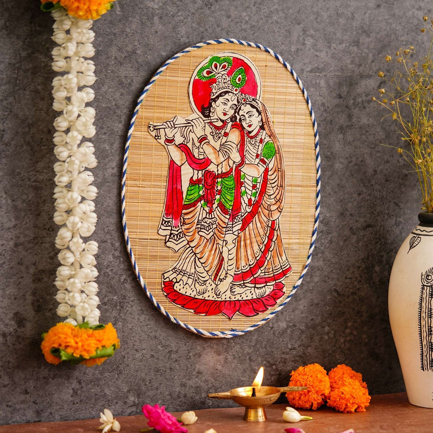 Oval Shaped Design Bamboo Hand Crafted Wall Hangings Of Krishna Ji With Radha Ji For Home D’cor | Bamboo Art For Wall Decor