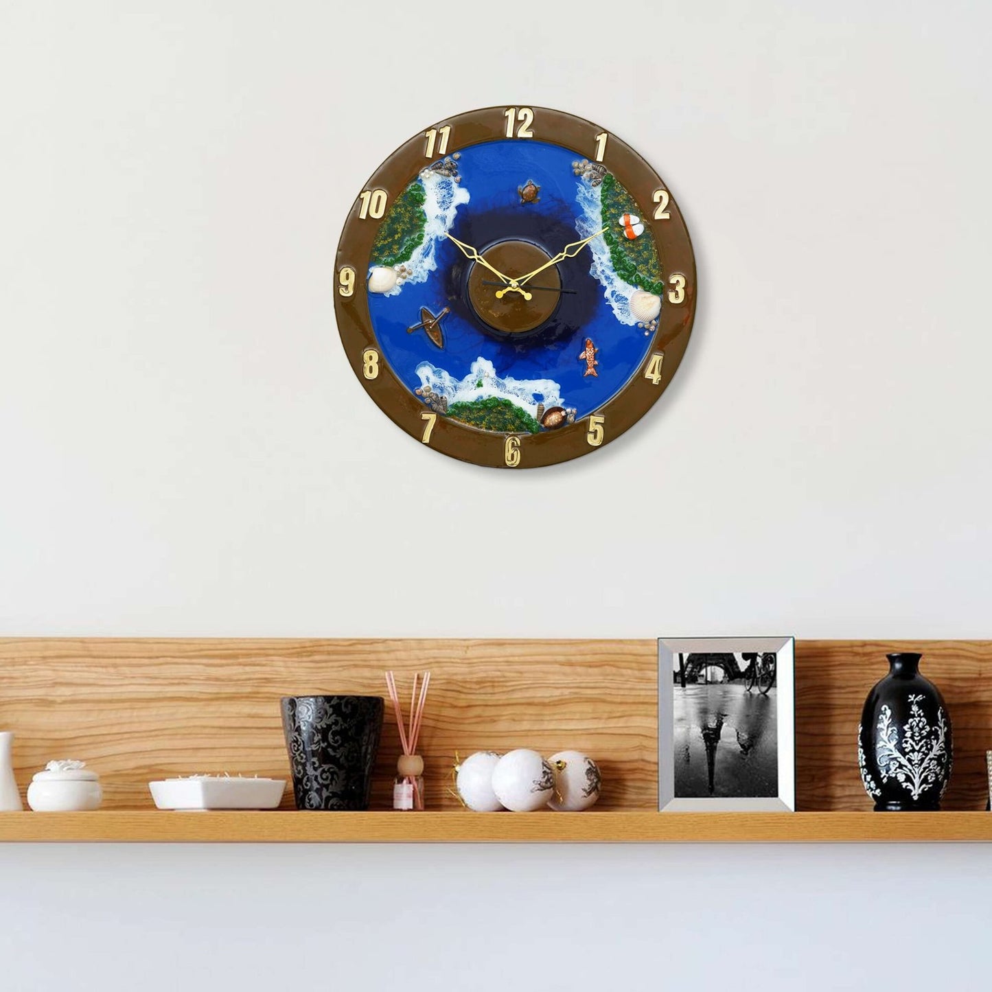 Exquisite Wooden Handmade Wall Clock Ocen Blue ith Green And White Printed Acrylic Wall Clock For Home & Office Decorative Big Size Clock (16 Inch)