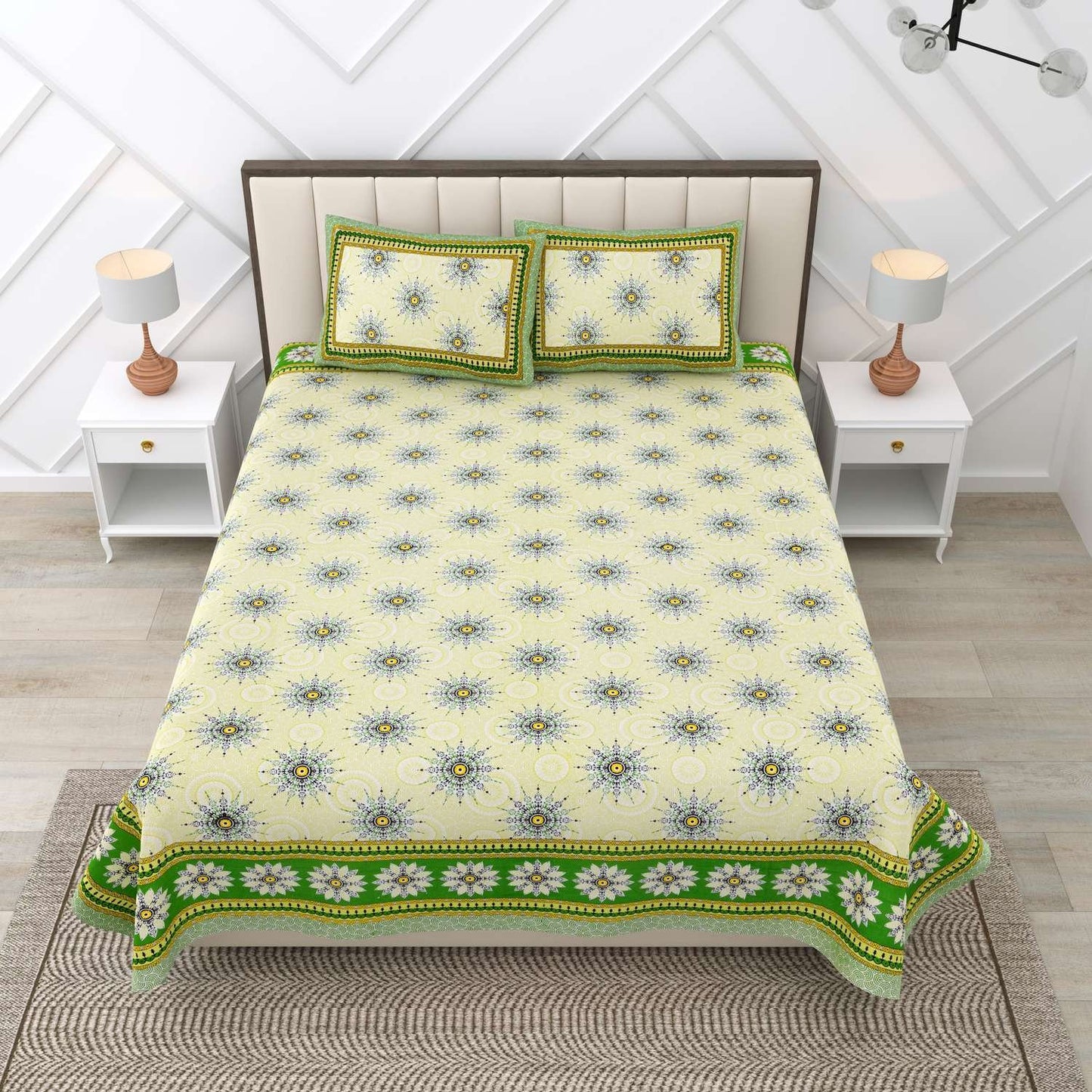 100% Pure Cotton Traditional Printed Bedsheet for Double Bed King Size Bedsheet with 2 Pillow Covers