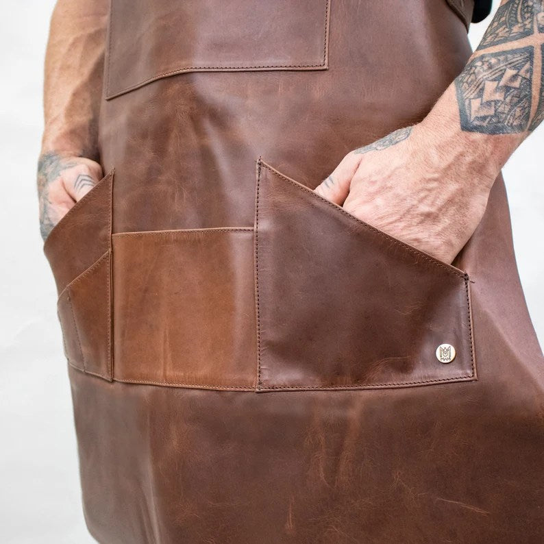 CraftShades Distressed Multi-Pocket Leather Apron – Brown Full Grain Leather – Butchers Apron For Hobbyists Woodwork Blacksmith with Pockets by MAHI