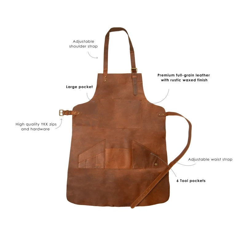 CraftShades Distressed Multi-Pocket Leather Apron – Brown Full Grain Leather – Butchers Apron For Hobbyists Woodwork Blacksmith with Pockets by MAHI