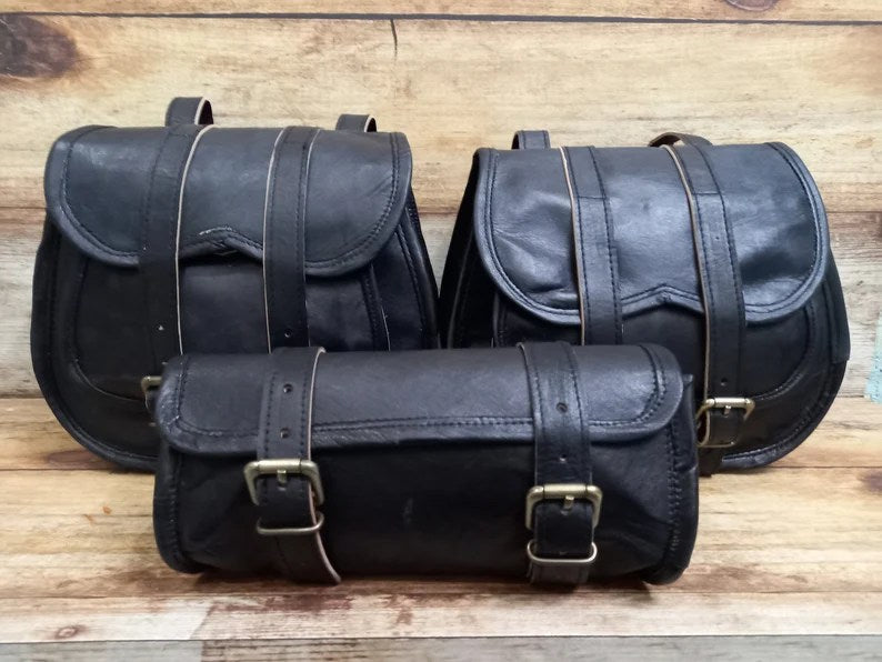 Craftshades Saddle Bags Motorcycle Bag Black Leather Pouch Saddlebag Motorbike Tool Pouch Set of 3 Bags Saddle Leather bag
